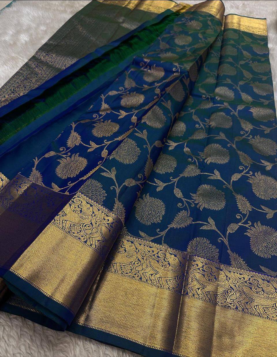 Royal icultural Blue Premium Luxury Silk Saree with icultural Gold Zari Floral Weave & Regal Border