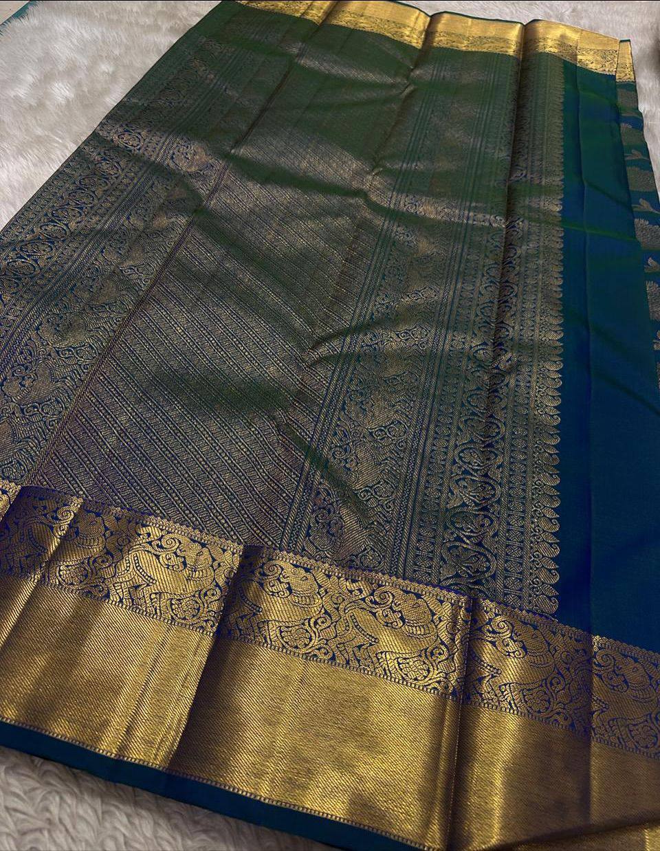 Royal icultural Blue Premium Luxury Silk Saree with icultural Gold Zari Floral Weave & Regal Border