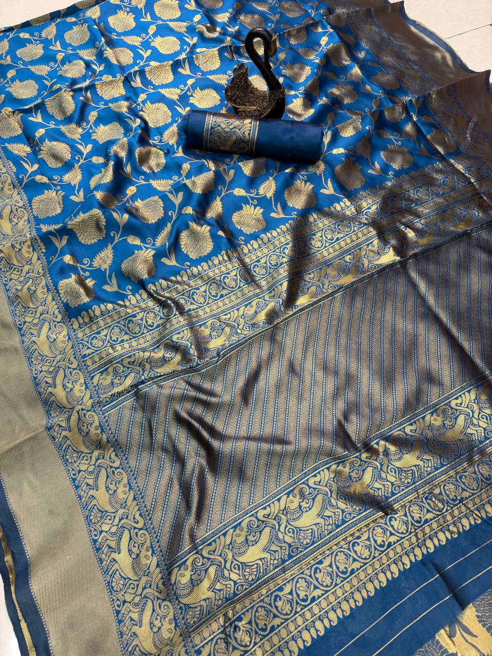 Royal icultural Blue Premium Luxury Silk Saree with icultural Gold Zari Floral Weave & Regal Border