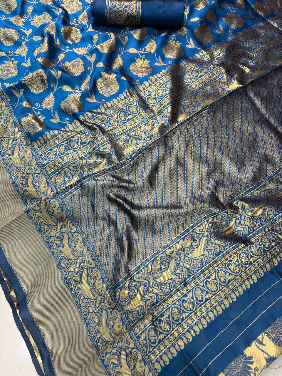 Royal icultural Blue Premium Luxury Silk Saree with icultural Gold Zari Floral Weave & Regal Border