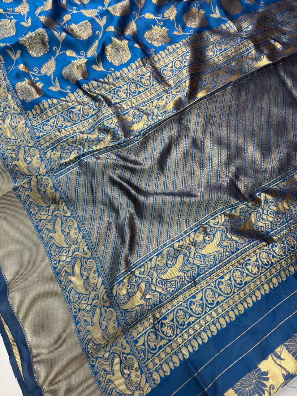 Royal icultural Blue Premium Luxury Silk Saree with icultural Gold Zari Floral Weave & Regal Border