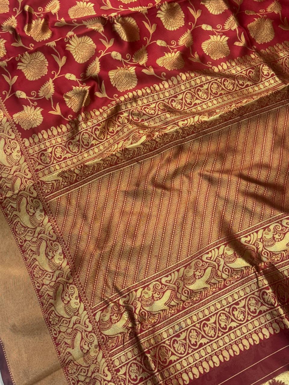 Crimson Royale Premium Luxury Silk Saree with All-Over icultural Gold Floral Zari Weave & Grand Heritage Border