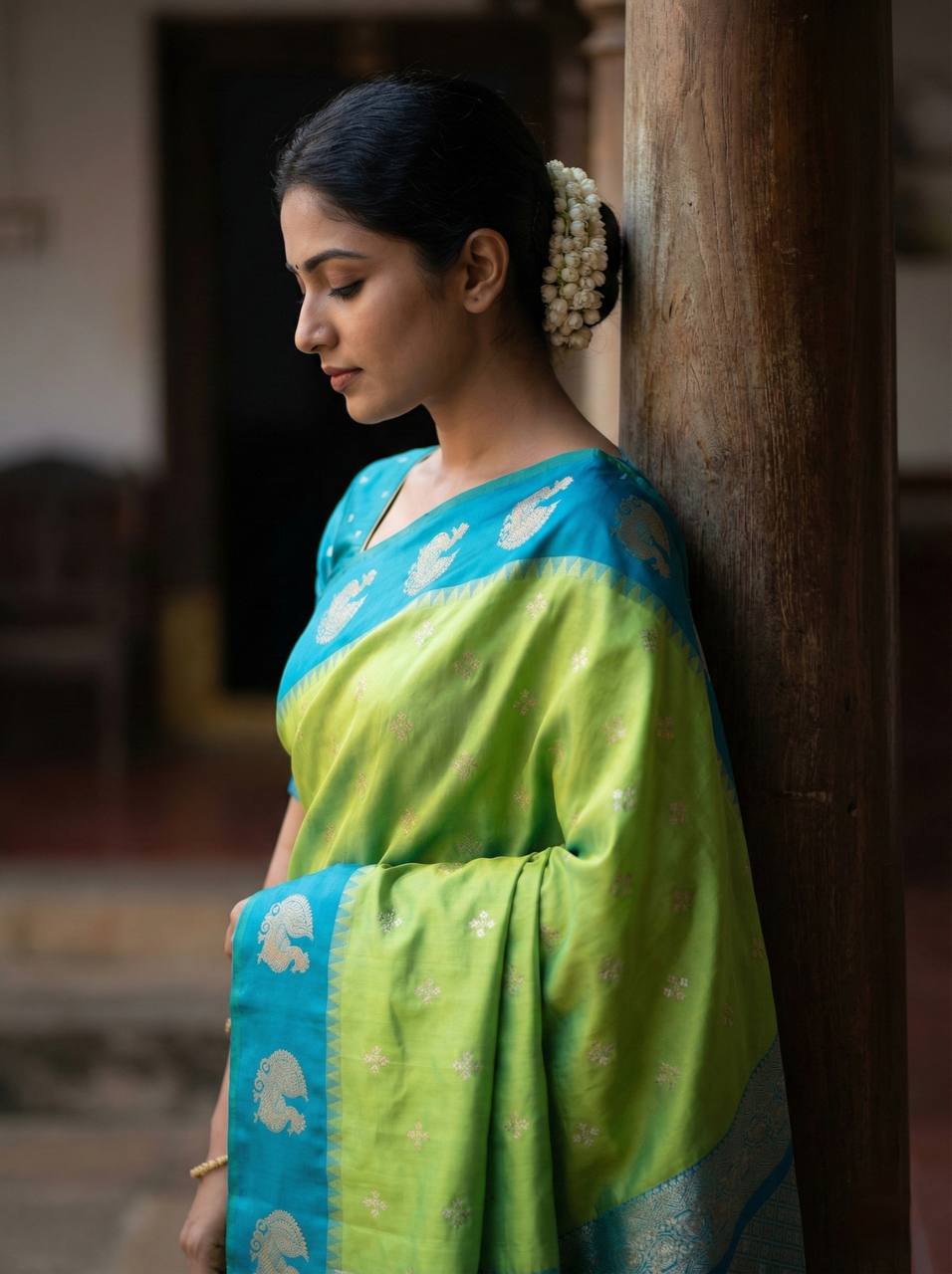Fresh Lime Green Luxury Silk Saree with icultural Blue Banarasi Peacock Border & Silver Zari Buttas