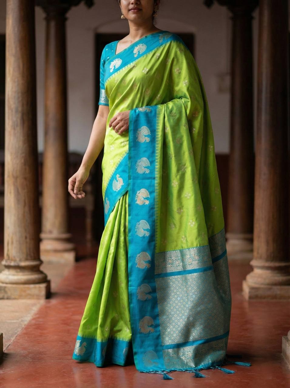 Fresh Lime Green Luxury Silk Saree with icultural Blue Banarasi Peacock Border & Silver Zari Buttas