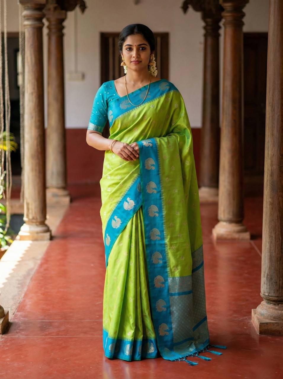 Fresh Lime Green Luxury Silk Saree with icultural Blue Banarasi Peacock Border & Silver Zari Buttas