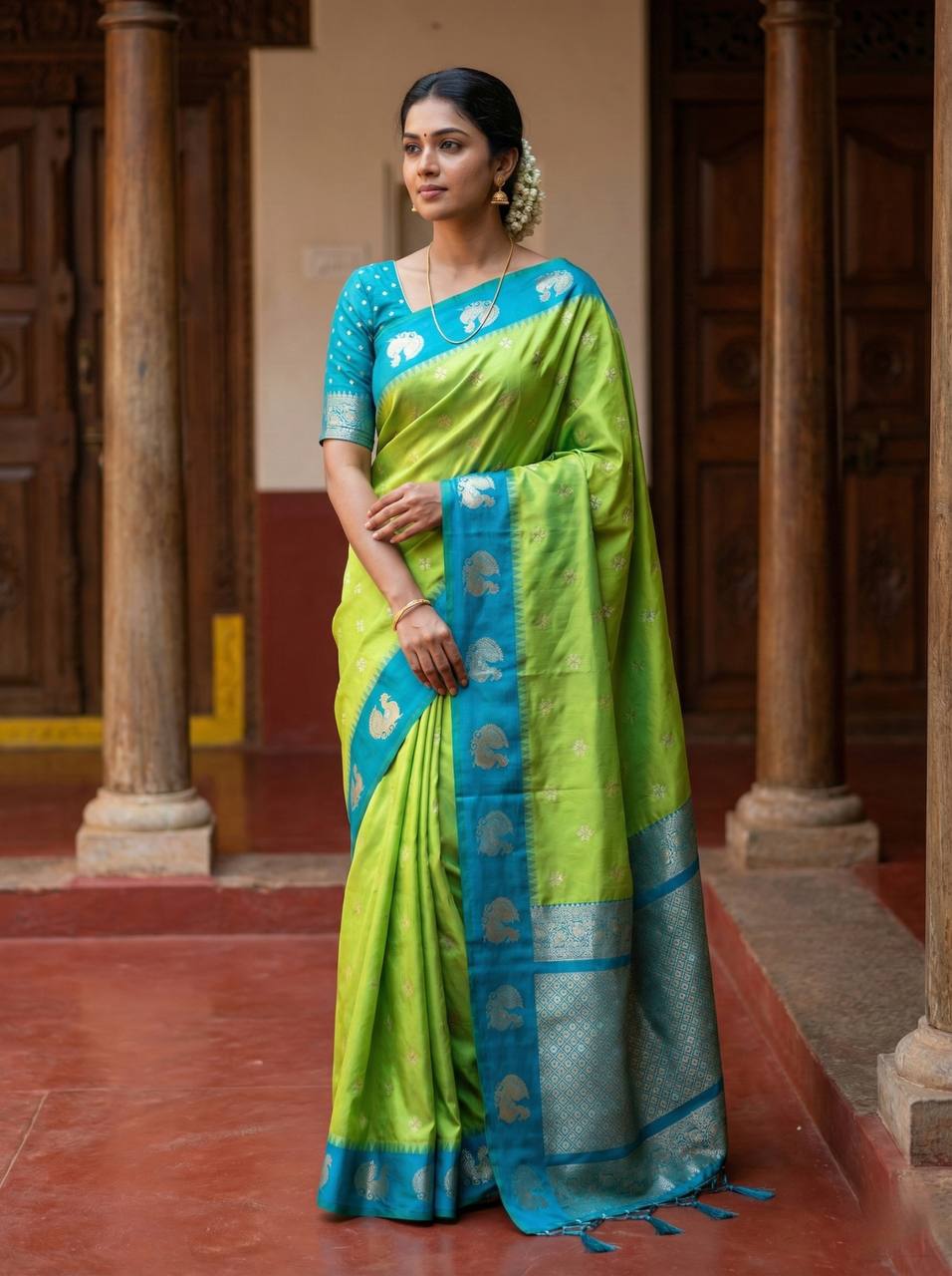 Fresh Lime Green Luxury Silk Saree with icultural Blue Banarasi Peacock Border & Silver Zari Buttas