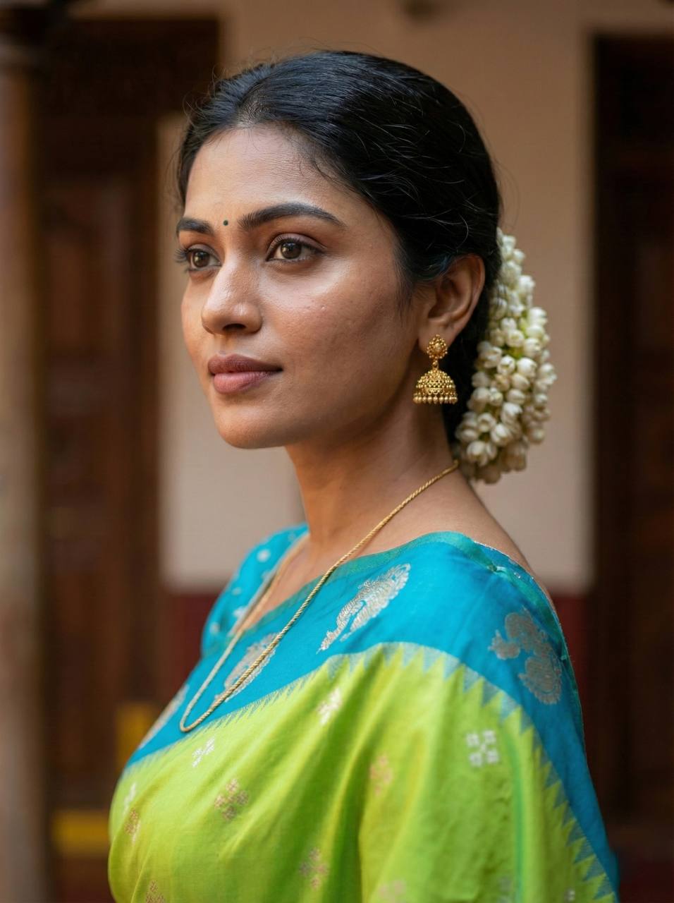 Fresh Lime Green Luxury Silk Saree with icultural Blue Banarasi Peacock Border & Silver Zari Buttas