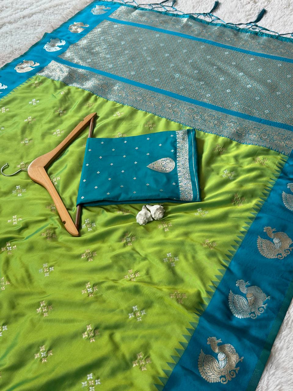 Fresh Lime Green Luxury Silk Saree with icultural Blue Banarasi Peacock Border & Silver Zari Buttas
