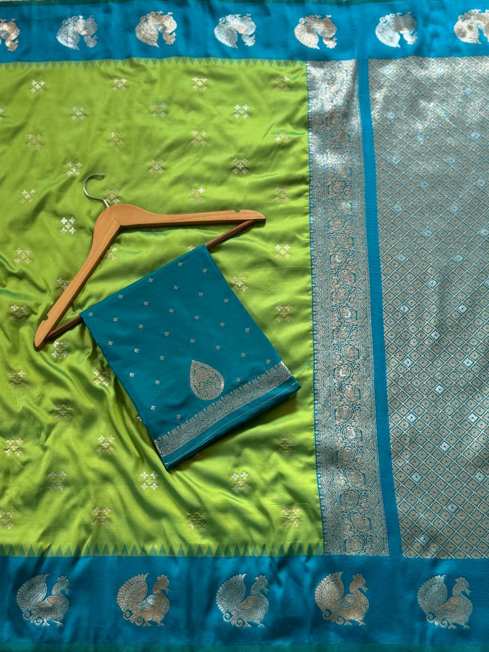 Fresh Lime Green Luxury Silk Saree with icultural Blue Banarasi Peacock Border & Silver Zari Buttas