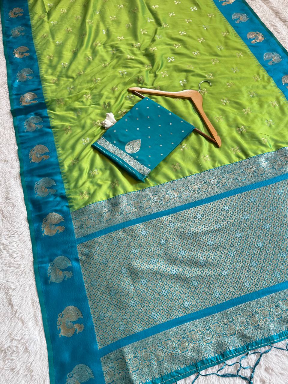 Fresh Lime Green Luxury Silk Saree with icultural Blue Banarasi Peacock Border & Silver Zari Buttas
