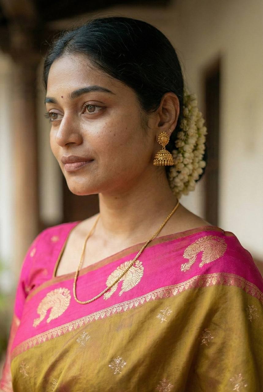 icultural Olive Gold Luxury Silk Saree with Rani Pink Banarasi Peacock Border & Silver Zari Buttas