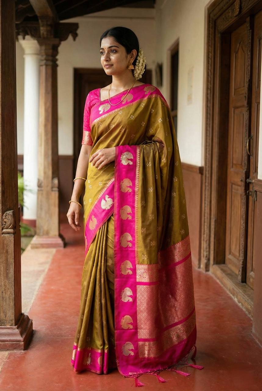 icultural Olive Gold Luxury Silk Saree with Rani Pink Banarasi Peacock Border & Silver Zari Buttas