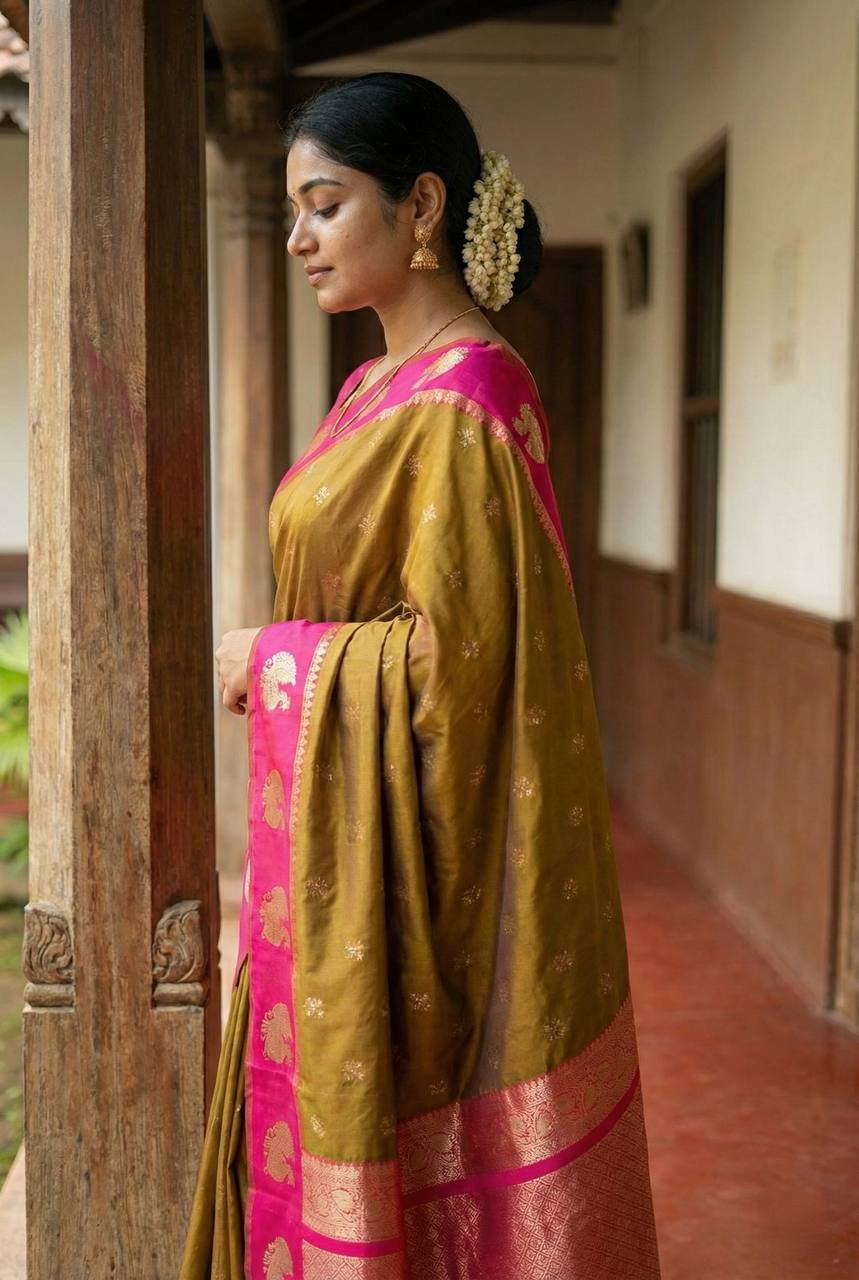 icultural Olive Gold Luxury Silk Saree with Rani Pink Banarasi Peacock Border & Silver Zari Buttas