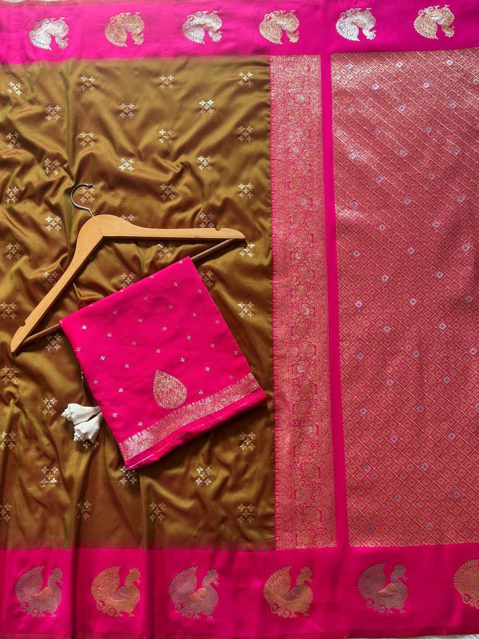 icultural Olive Gold Luxury Silk Saree with Rani Pink Banarasi Peacock Border & Silver Zari Buttas