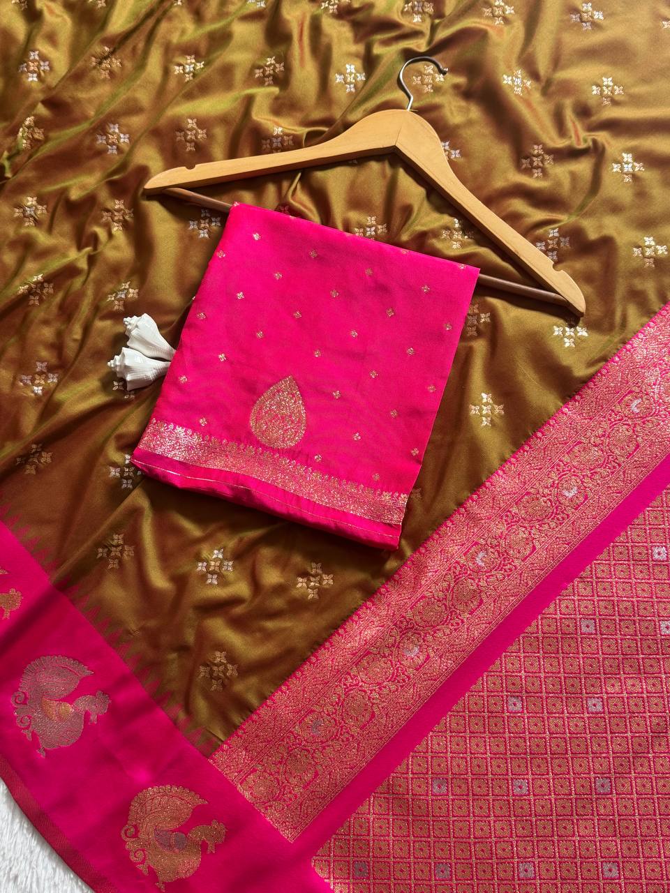 icultural Olive Gold Luxury Silk Saree with Rani Pink Banarasi Peacock Border & Silver Zari Buttas