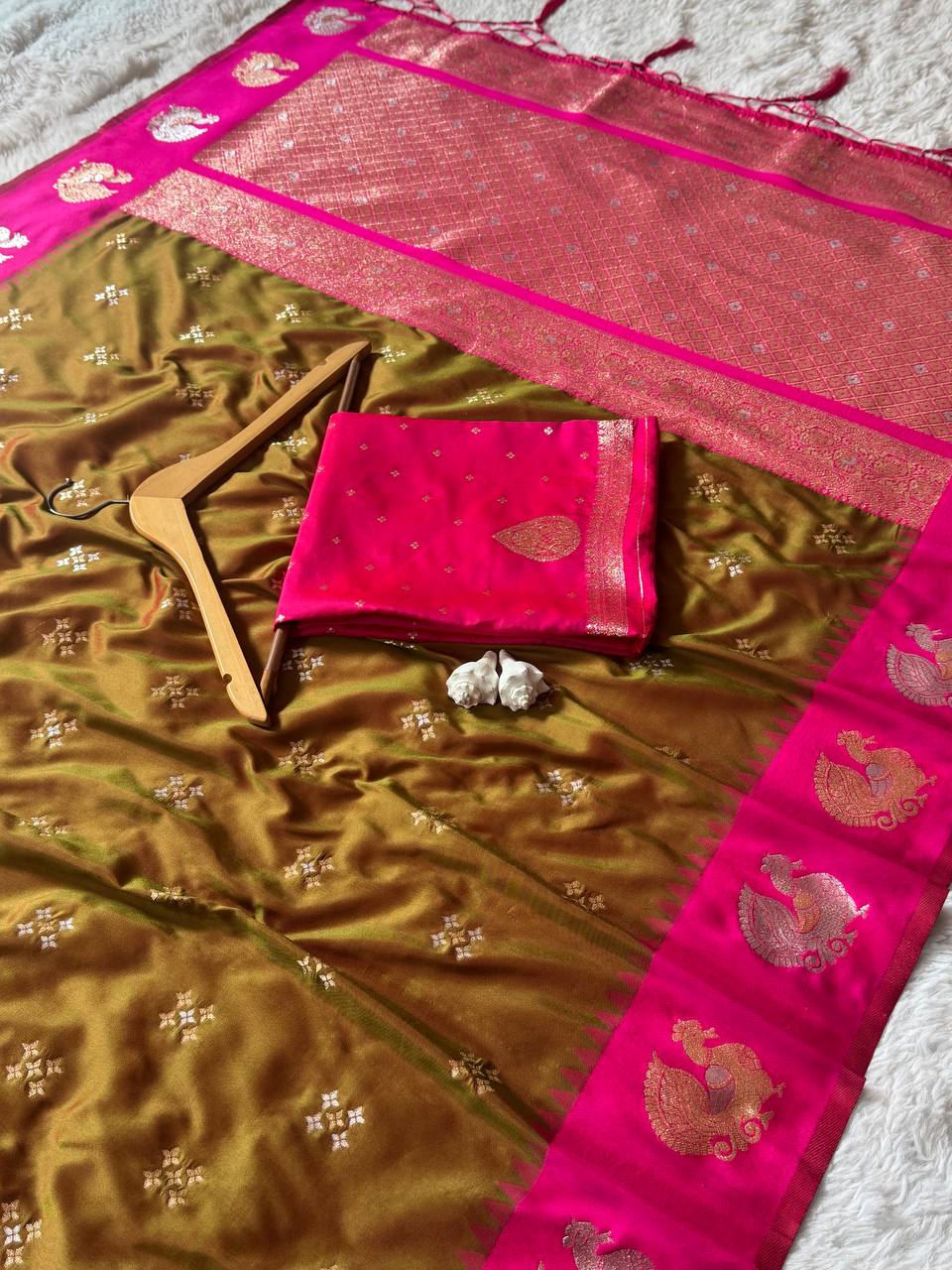 icultural Olive Gold Luxury Silk Saree with Rani Pink Banarasi Peacock Border & Silver Zari Buttas