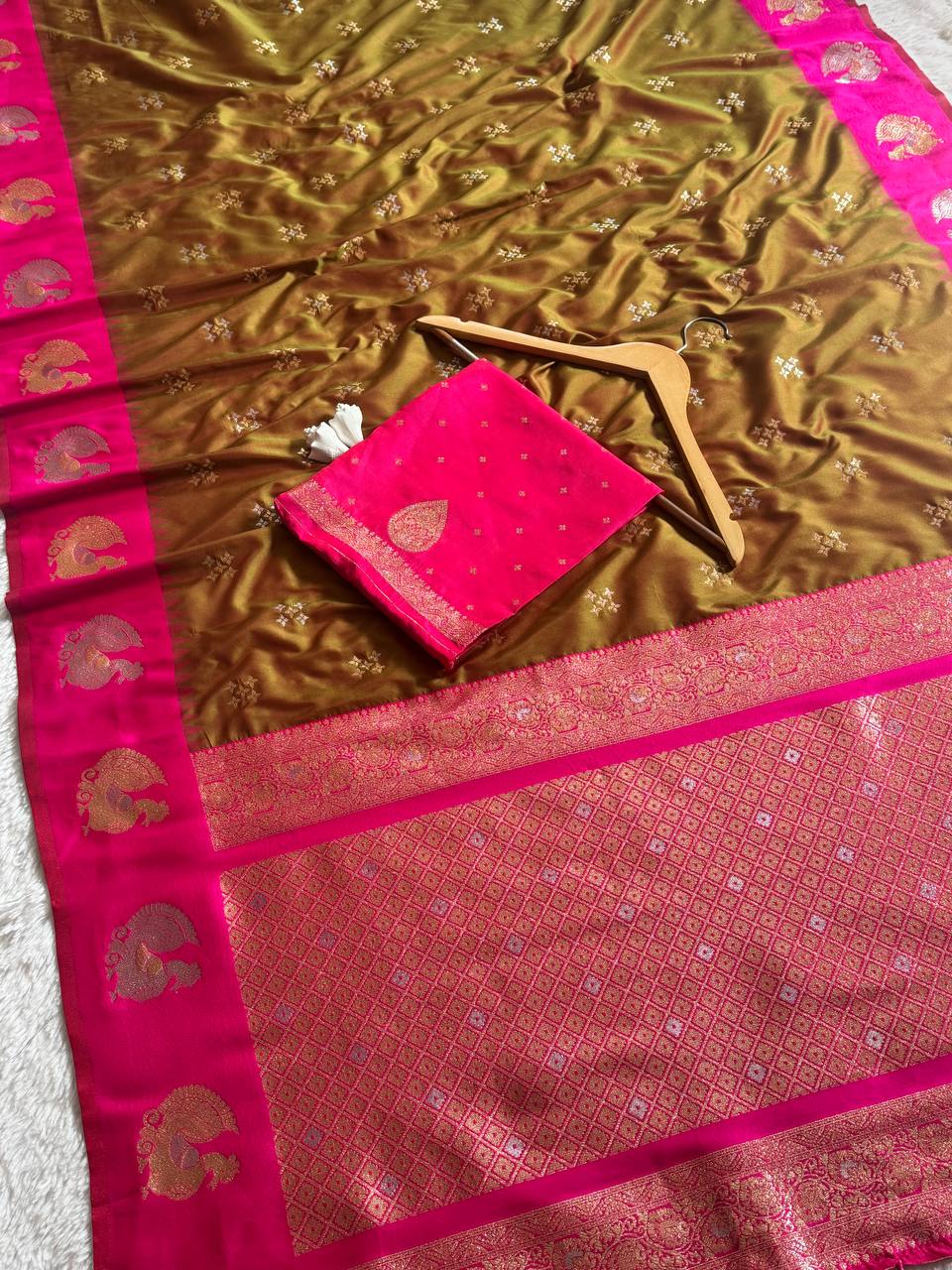icultural Olive Gold Luxury Silk Saree with Rani Pink Banarasi Peacock Border & Silver Zari Buttas