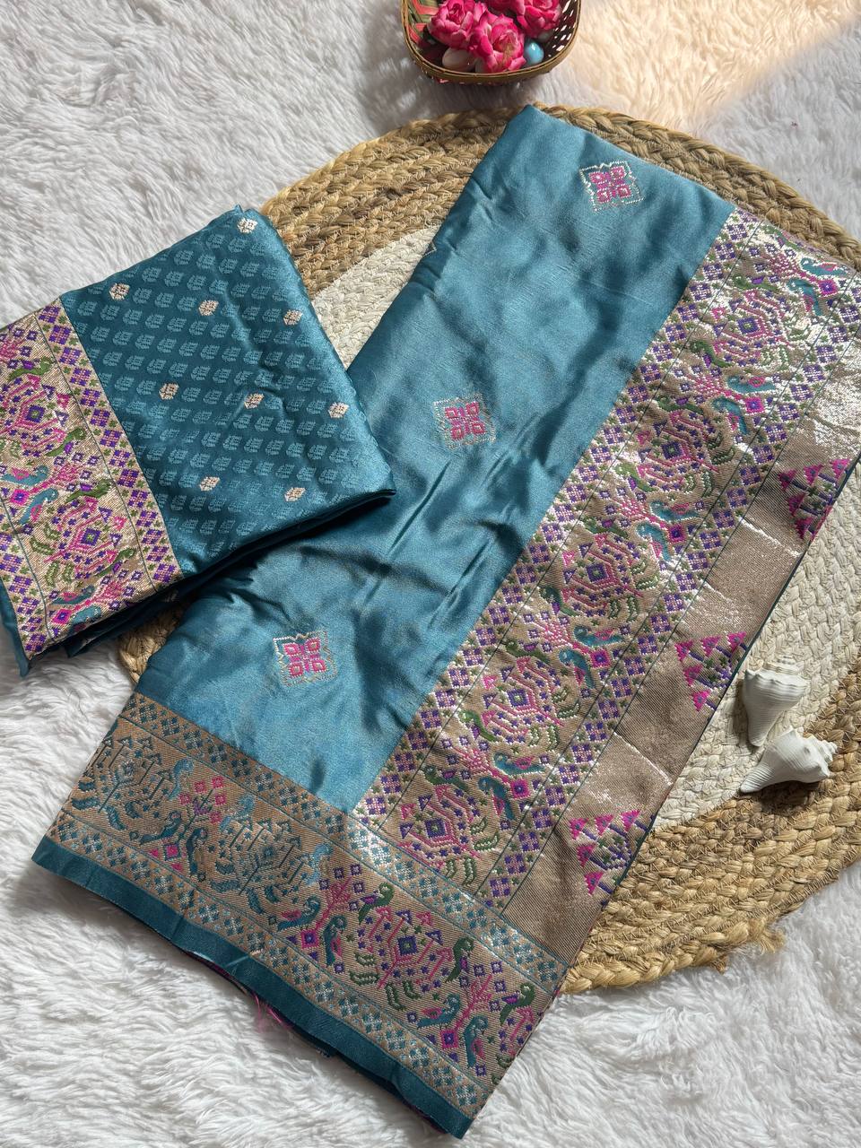 Muted icultural Blue Luxury Silk Saree with Multicolour Banarasi Border & Zari Butta Motifs