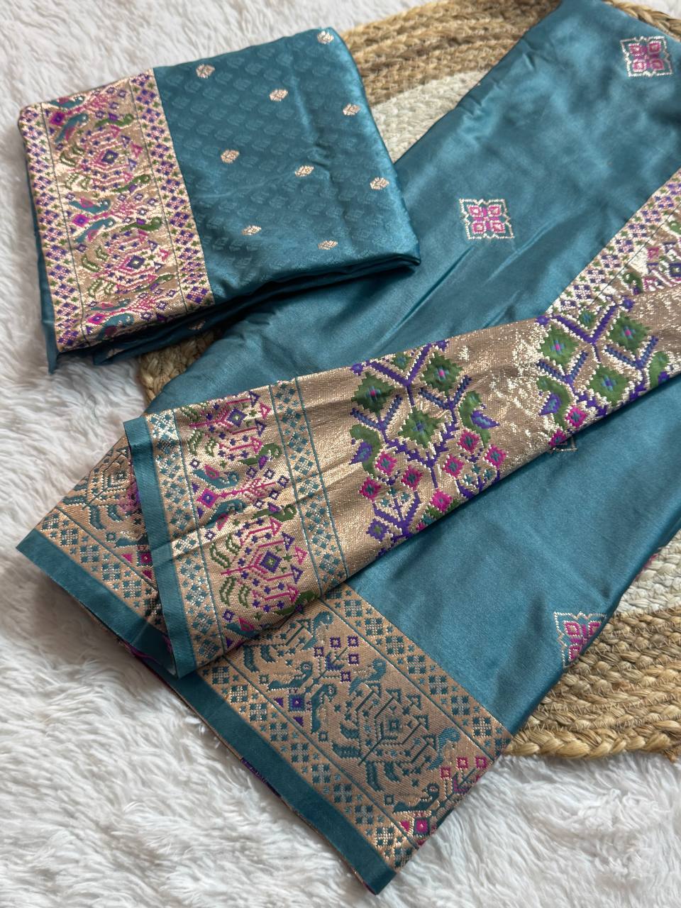 Muted icultural Blue Luxury Silk Saree with Multicolour Banarasi Border & Zari Butta Motifs