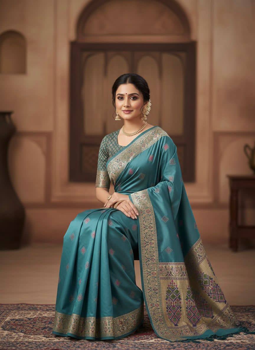 Muted icultural Blue Luxury Silk Saree with Multicolour Banarasi Border & Zari Butta Motifs