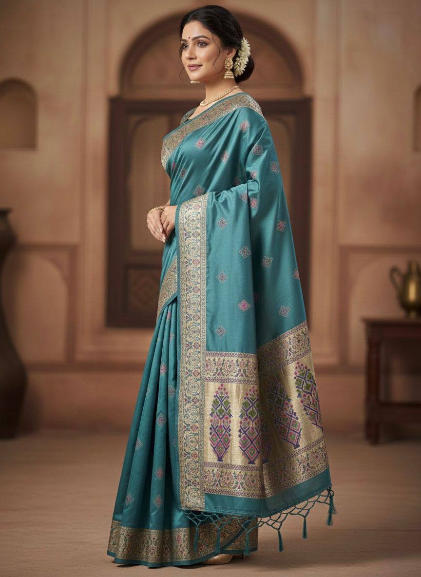 Muted icultural Blue Luxury Silk Saree with Multicolour Banarasi Border & Zari Butta Motifs