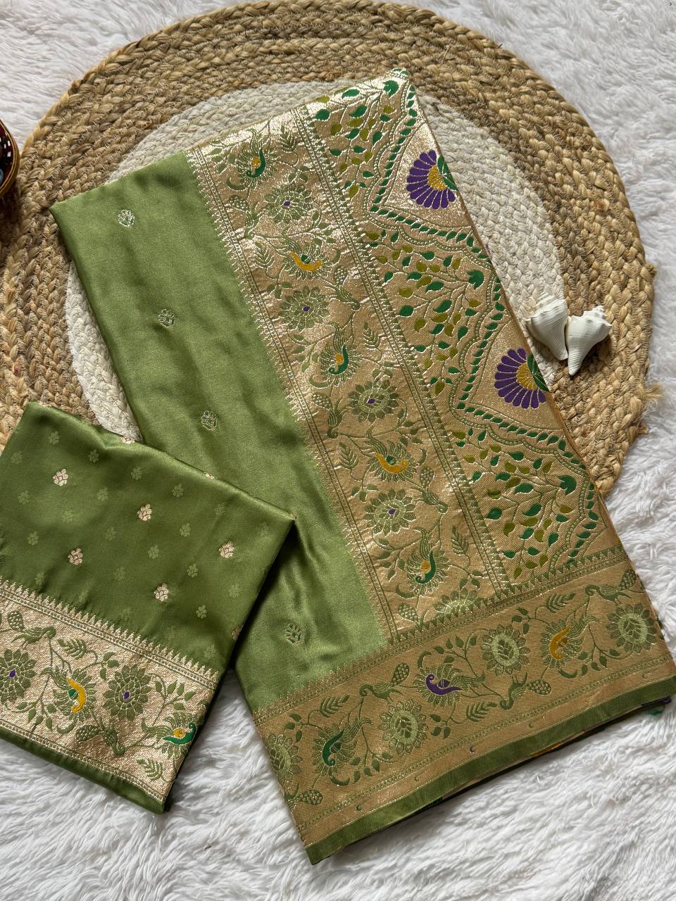 Sage Olive Green Luxury Silk Saree with icultural Gold Multicolour Banarasi Border & Zari Butta Motifs