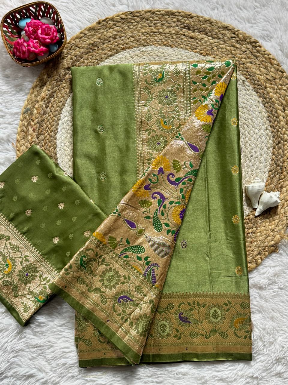 Sage Olive Green Luxury Silk Saree with icultural Gold Multicolour Banarasi Border & Zari Butta Motifs