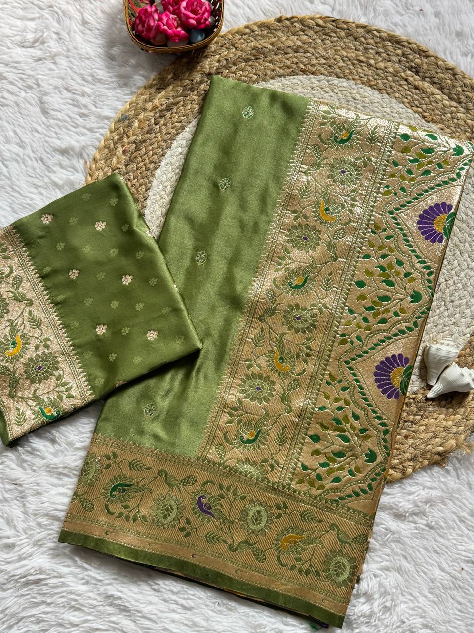 Sage Olive Green Luxury Silk Saree with icultural Gold Multicolour Banarasi Border & Zari Butta Motifs