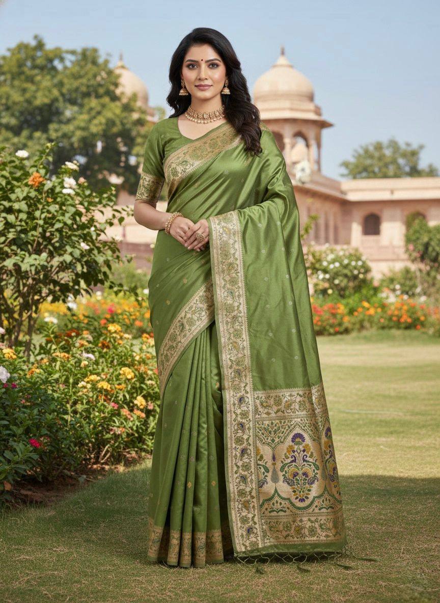 Sage Olive Green Luxury Silk Saree with icultural Gold Multicolour Banarasi Border & Zari Butta Motifs