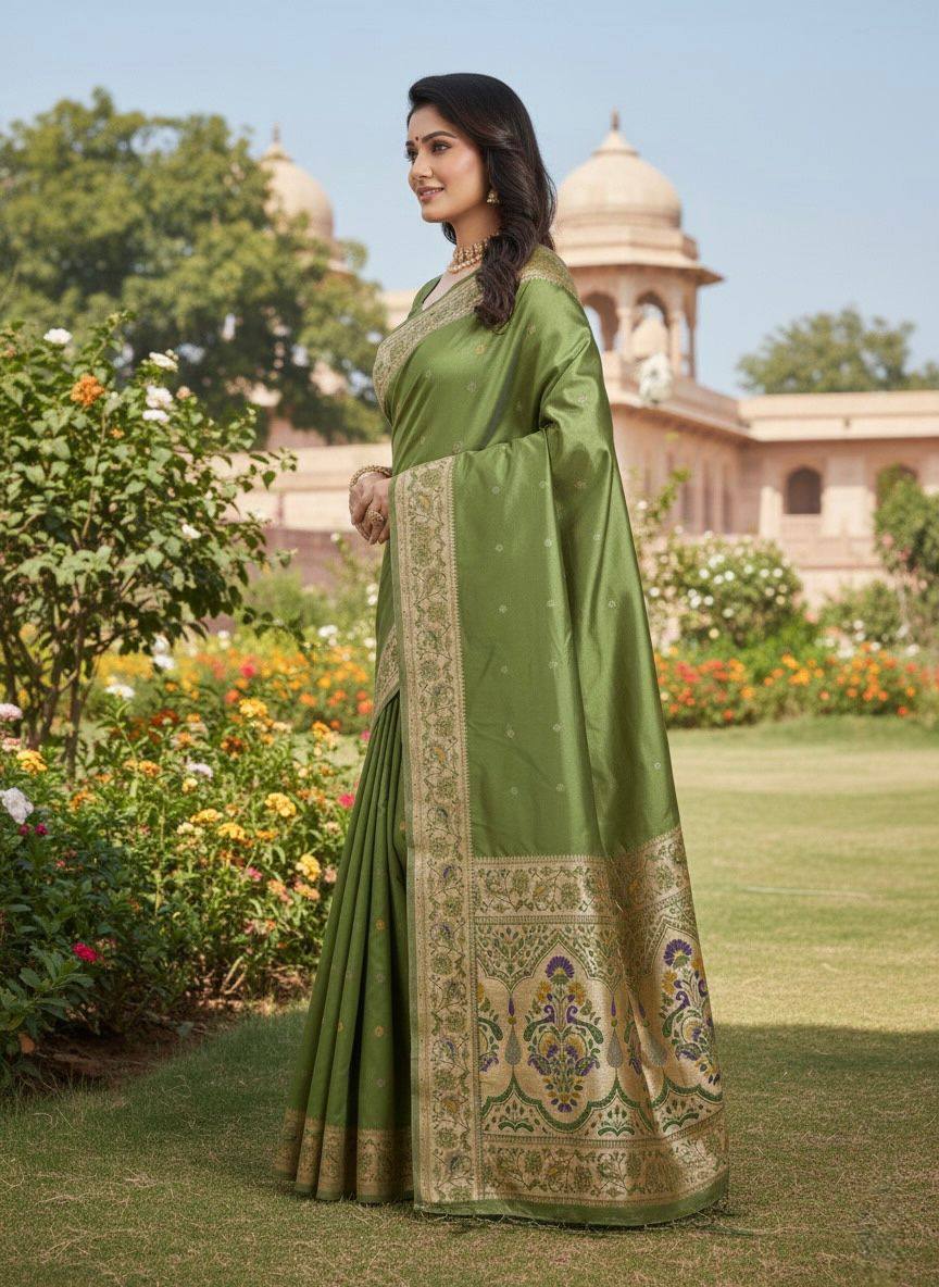 Sage Olive Green Luxury Silk Saree with icultural Gold Multicolour Banarasi Border & Zari Butta Motifs