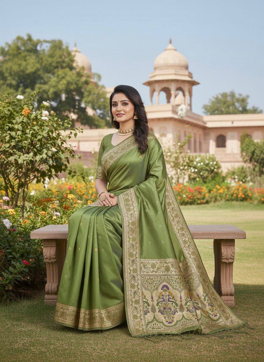 Sage Olive Green Luxury Silk Saree with icultural Gold Multicolour Banarasi Border & Zari Butta Motifs