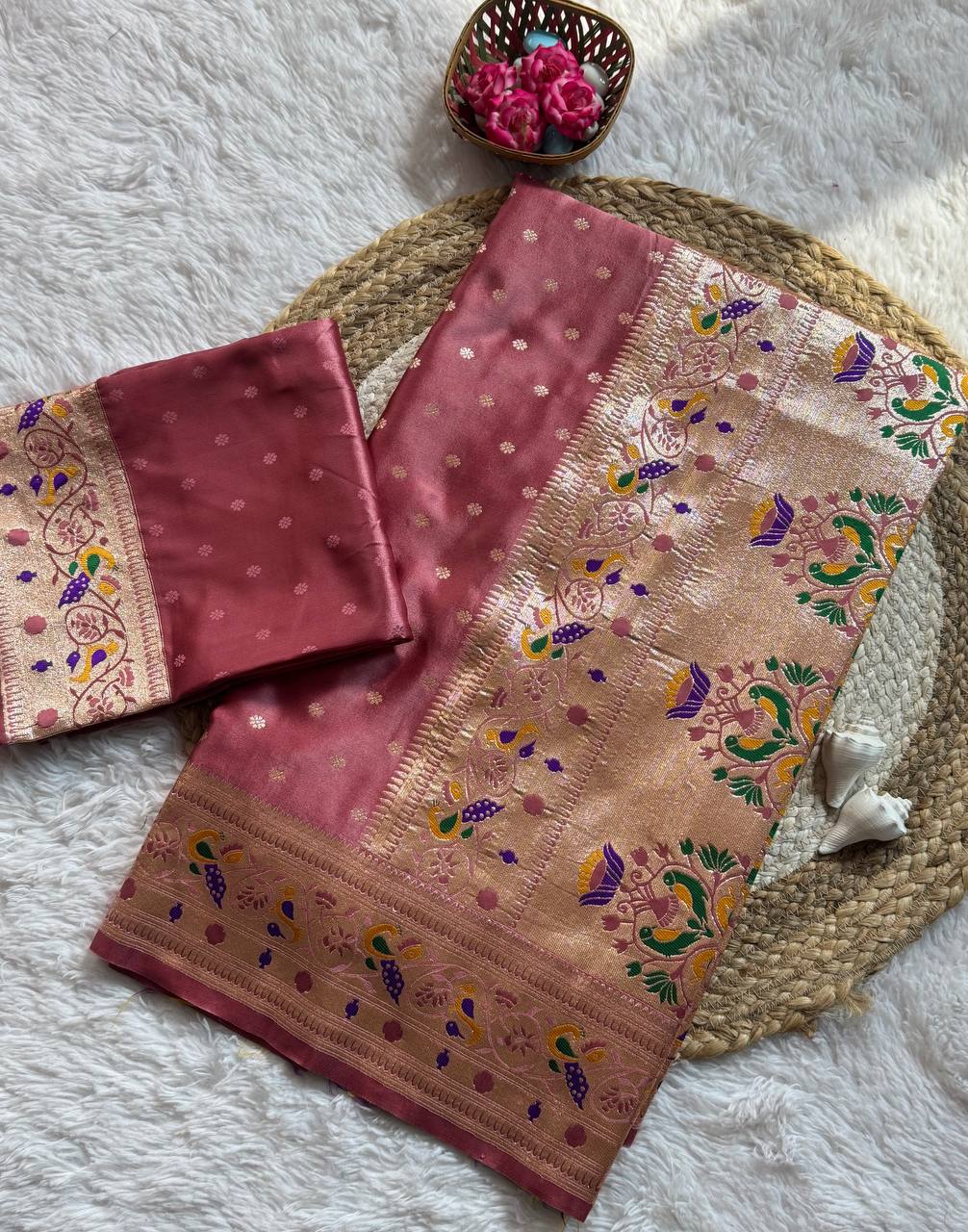 icultural Rose Mauve Luxury Silk Saree with Multicolour Banarasi Peacock Border & Gold Zari Buttas