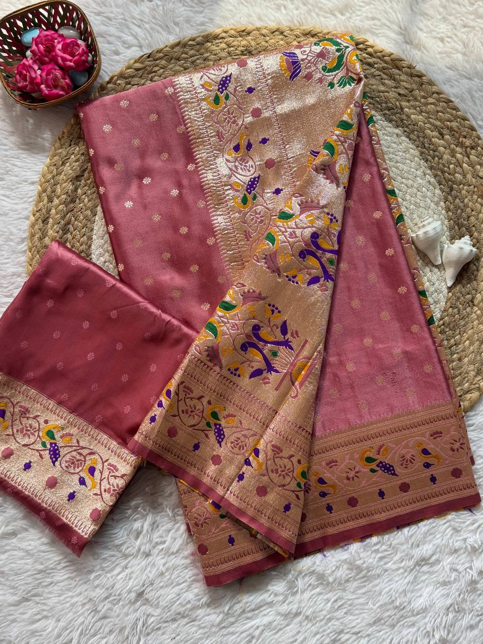 icultural Rose Mauve Luxury Silk Saree with Multicolour Banarasi Peacock Border & Gold Zari Buttas