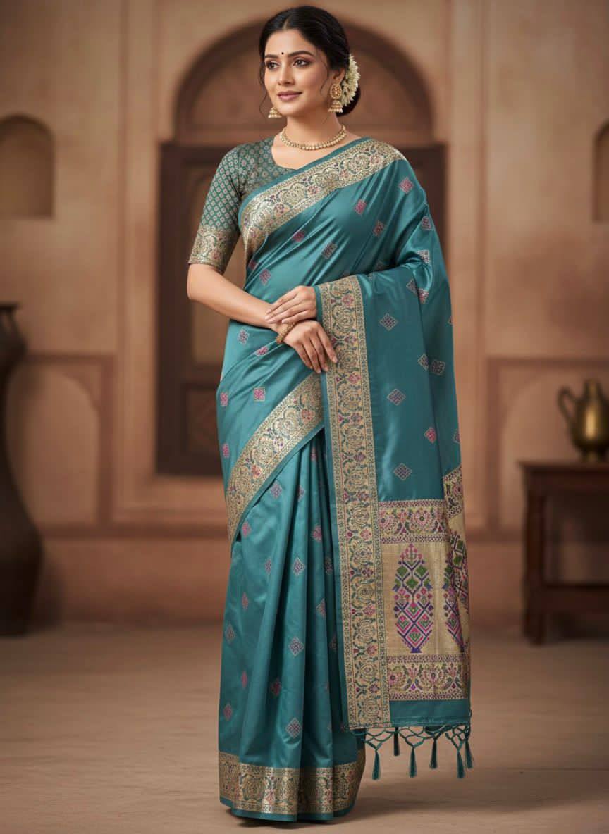 Muted icultural Blue Luxury Silk Saree with Multicolour Banarasi Border & Zari Butta Motifs