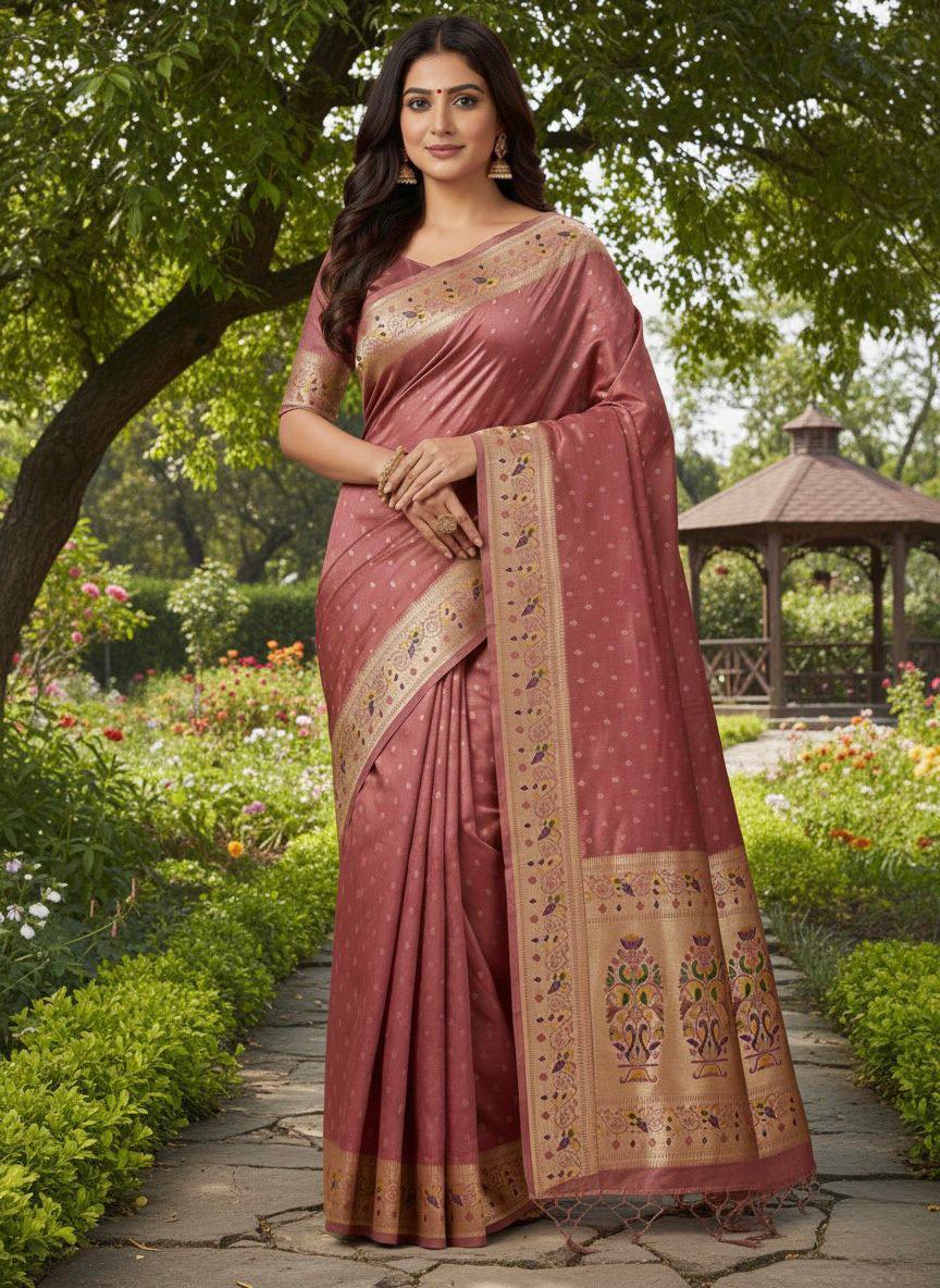 icultural Rose Mauve Luxury Silk Saree with Multicolour Banarasi Peacock Border & Gold Zari Buttas