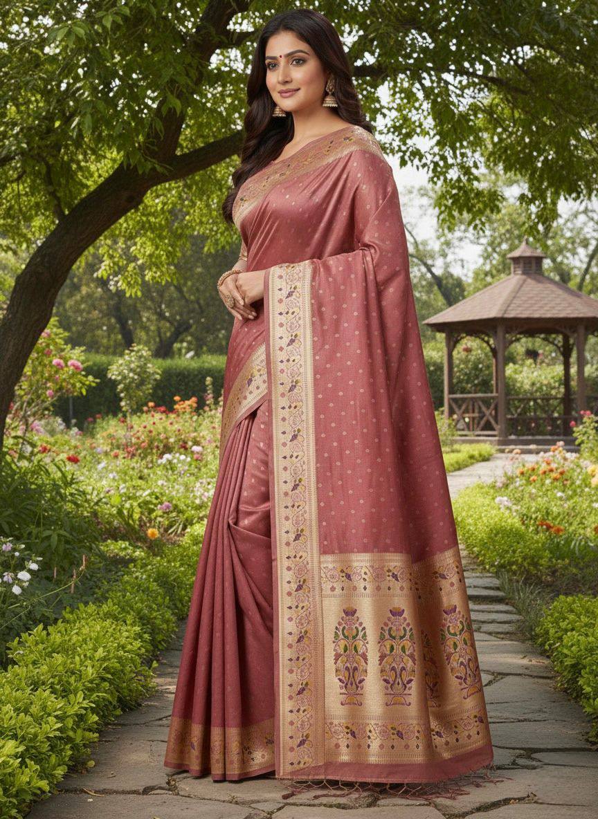 icultural Rose Mauve Luxury Silk Saree with Multicolour Banarasi Peacock Border & Gold Zari Buttas