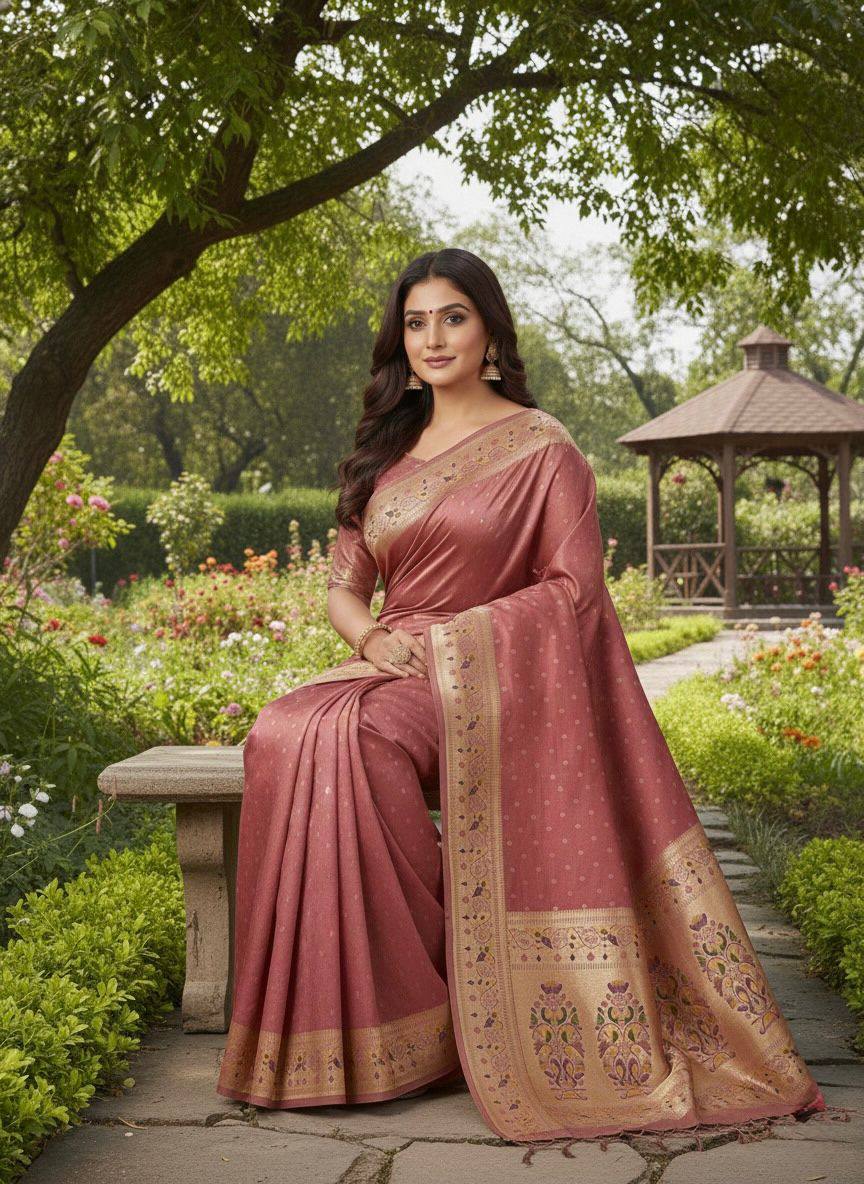 icultural Rose Mauve Luxury Silk Saree with Multicolour Banarasi Peacock Border & Gold Zari Buttas