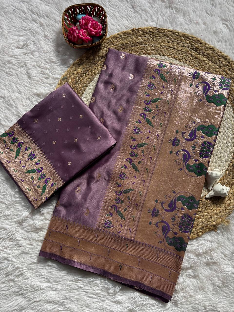 Dusky Plum Luxury Silk Saree with icultural Gold Banarasi Peacock Border & Zari Butta Motifs