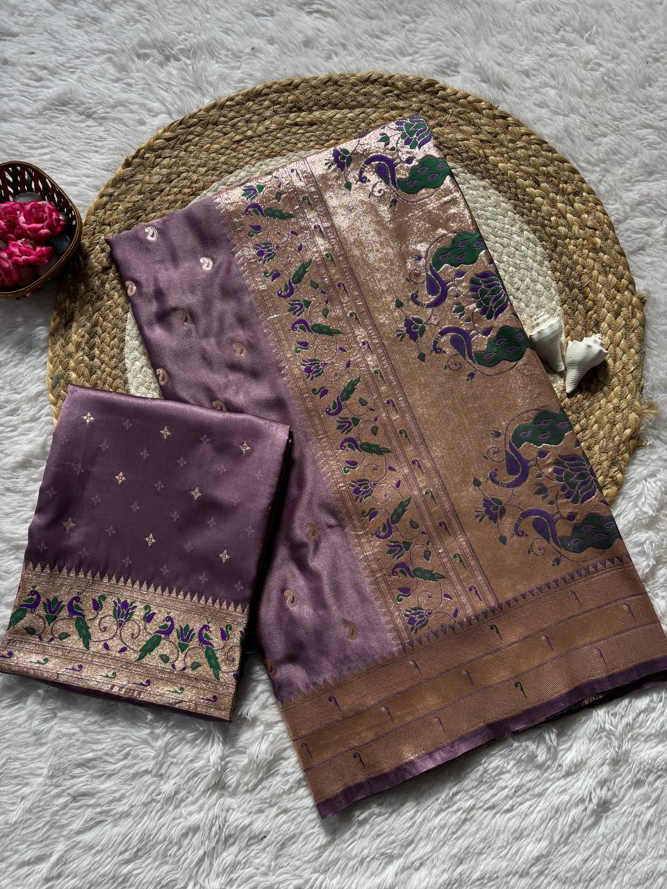 Dusky Plum Luxury Silk Saree with icultural Gold Banarasi Peacock Border & Zari Butta Motifs
