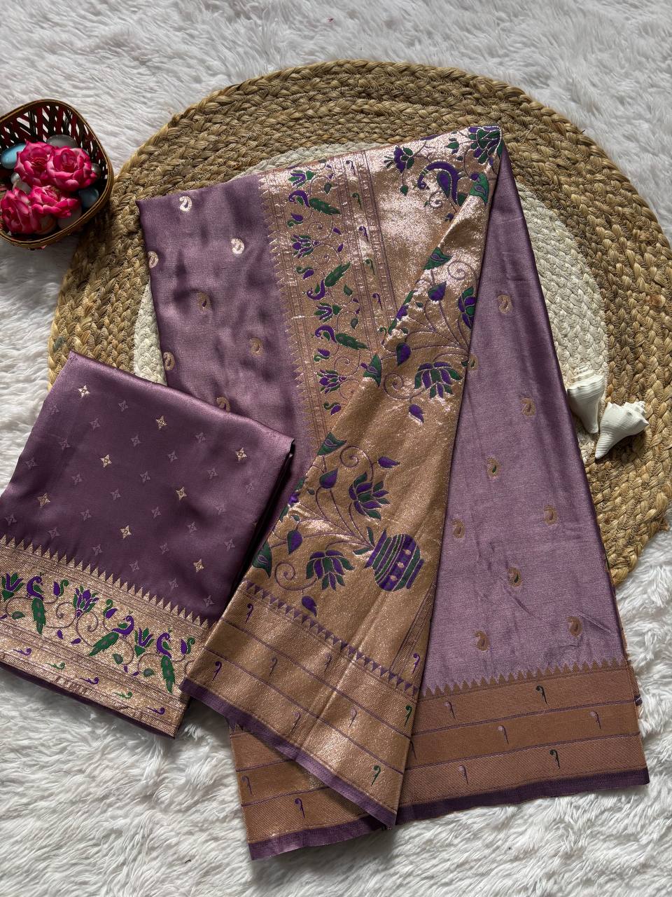 Dusky Plum Luxury Silk Saree with icultural Gold Banarasi Peacock Border & Zari Butta Motifs