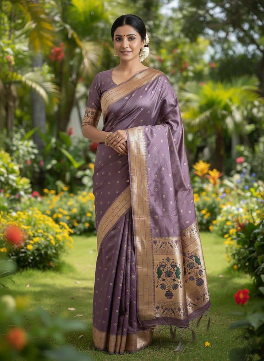 Dusky Plum Luxury Silk Saree with icultural Gold Banarasi Peacock Border & Zari Butta Motifs