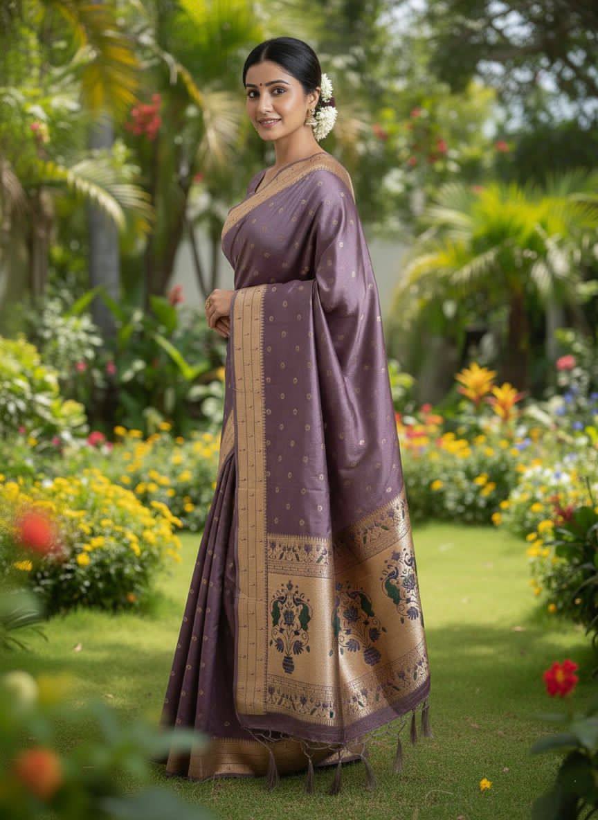 Dusky Plum Luxury Silk Saree with icultural Gold Banarasi Peacock Border & Zari Butta Motifs