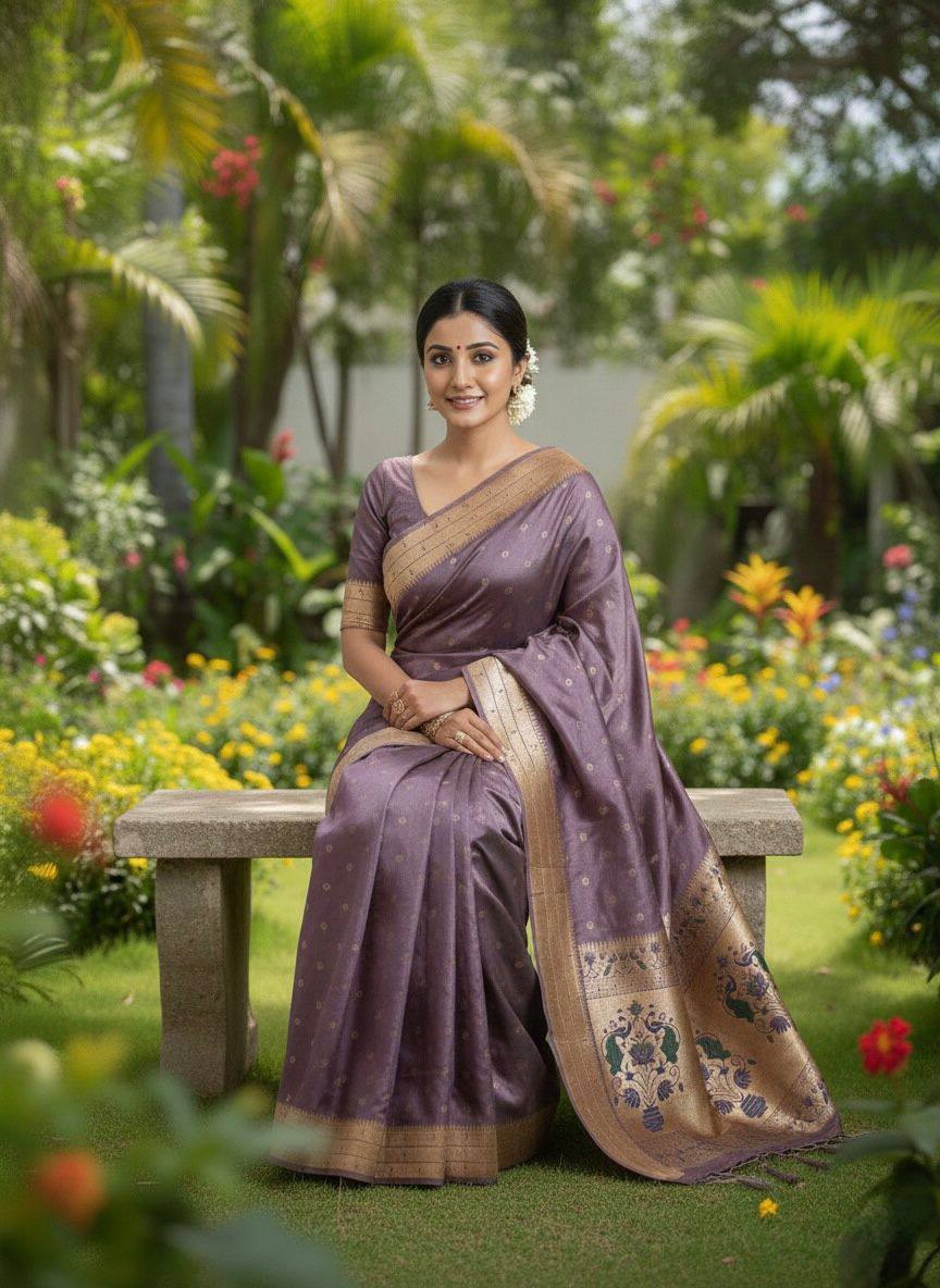 Dusky Plum Luxury Silk Saree with icultural Gold Banarasi Peacock Border & Zari Butta Motifs