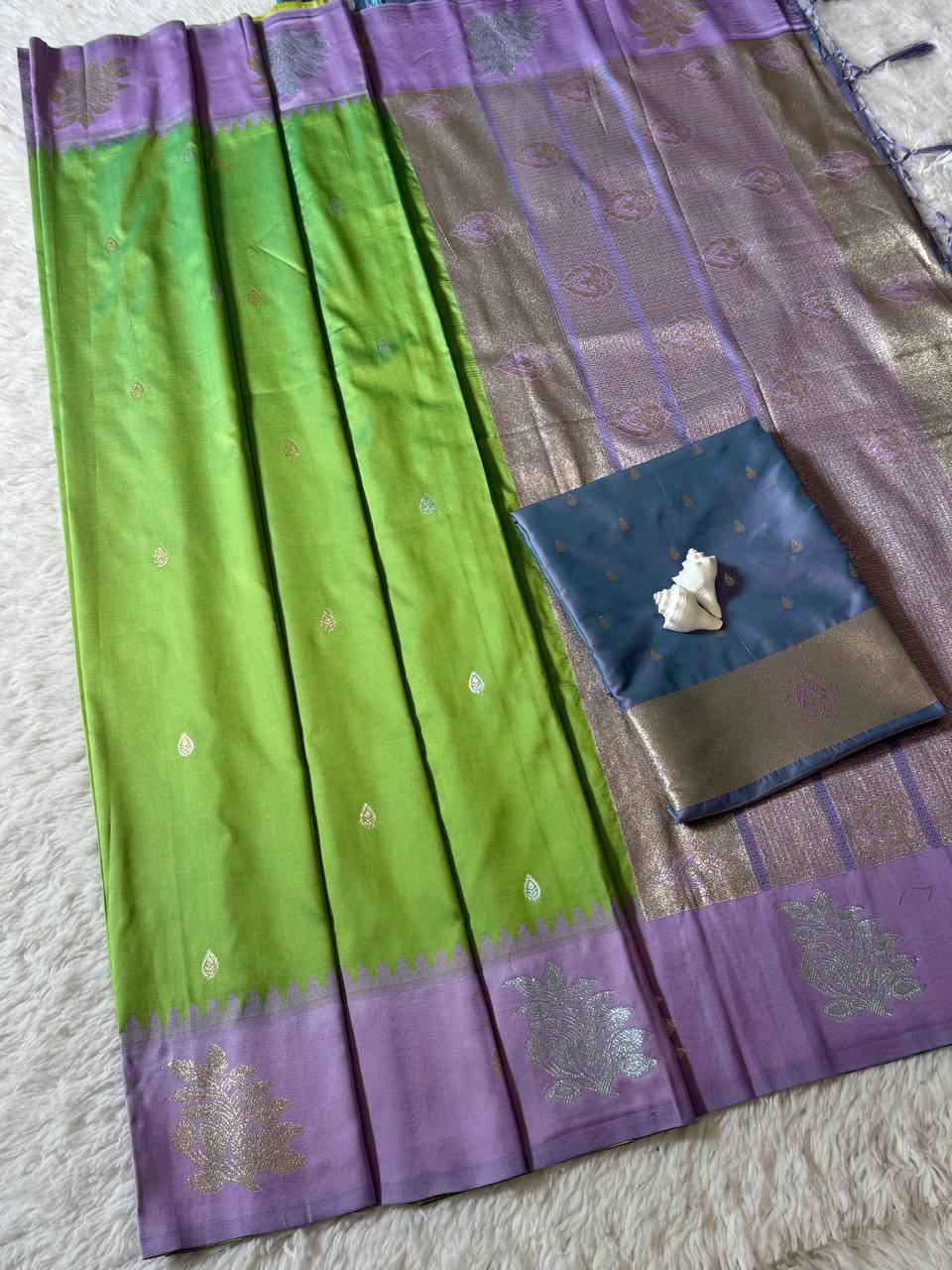 Parrot Green Luxury Silk Saree with icultural Purple Banarasi Border & Silver Zari Butta Motifs