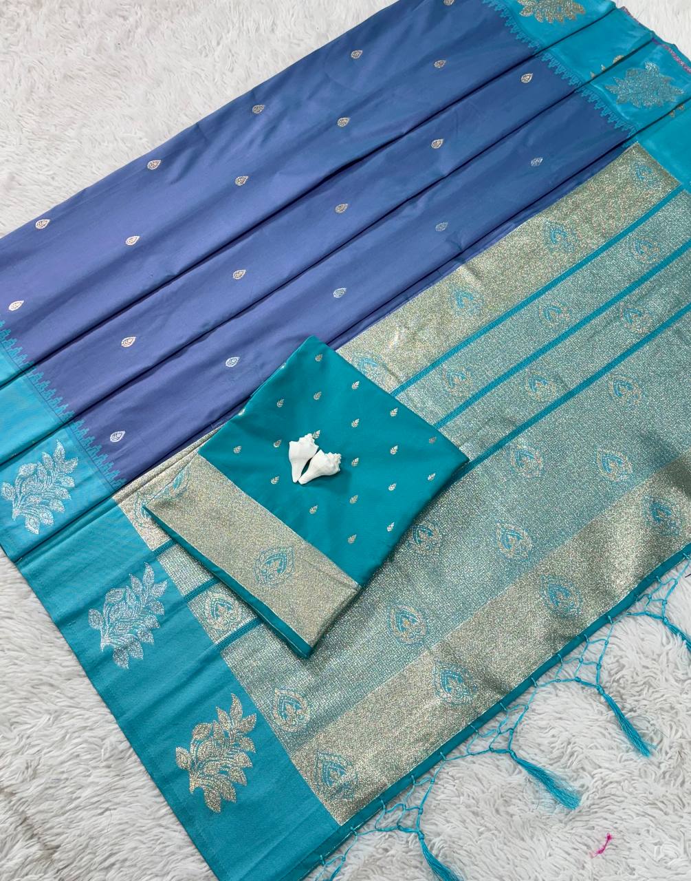 Steel Blue Luxury Silk Saree with icultural Blue Banarasi Border & Silver Zari Butta Motifs