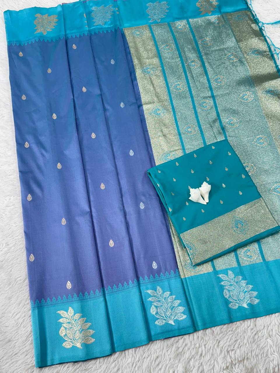 Steel Blue Luxury Silk Saree with icultural Blue Banarasi Border & Silver Zari Butta Motifs