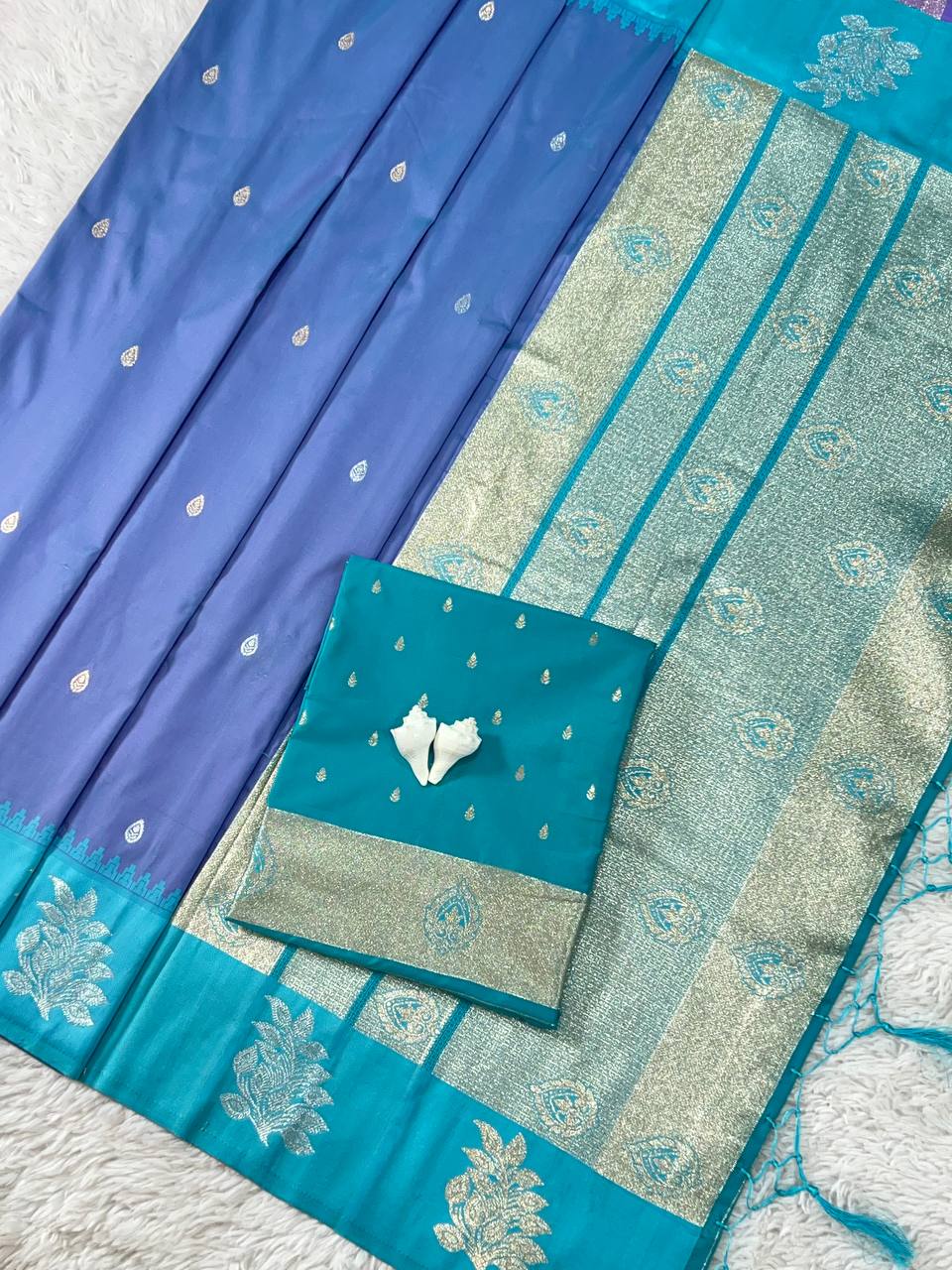 Steel Blue Luxury Silk Saree with icultural Blue Banarasi Border & Silver Zari Butta Motifs