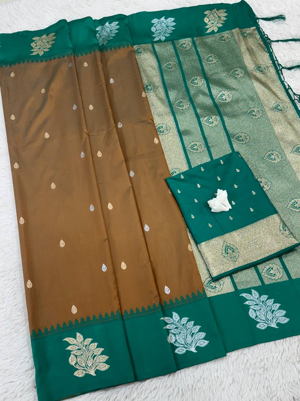 Coffee Brown Luxury Silk Saree with Emerald Green Banarasi Border & Silver Zari Butta Motifs