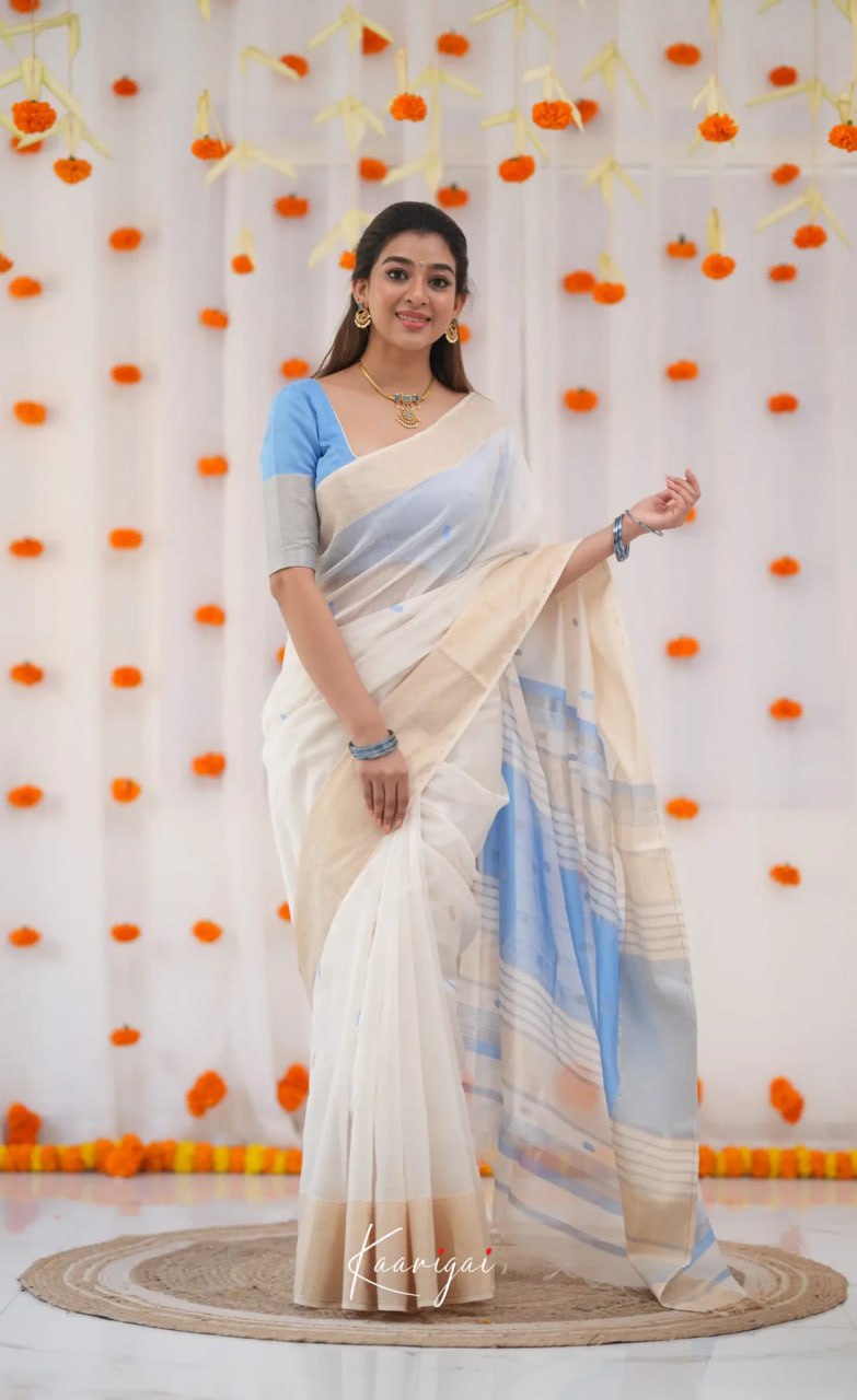 icultural White & Sky Blue Handloom Style Cotton Saree with Soft Contrast Pallu