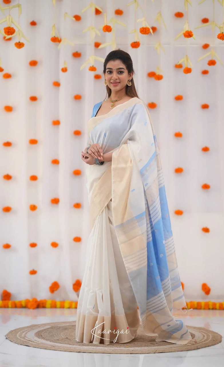 icultural White & Sky Blue Handloom Style Cotton Saree with Soft Contrast Pallu